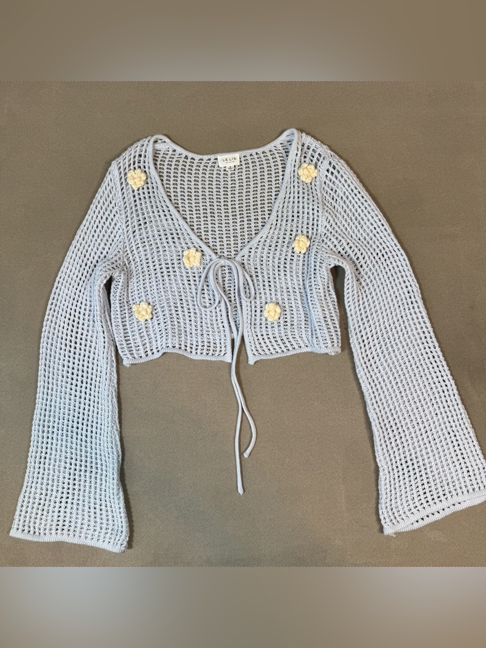 LE LIS Long Sleeve Crochet Floral V-Neck Boho Cardigan Top Size S